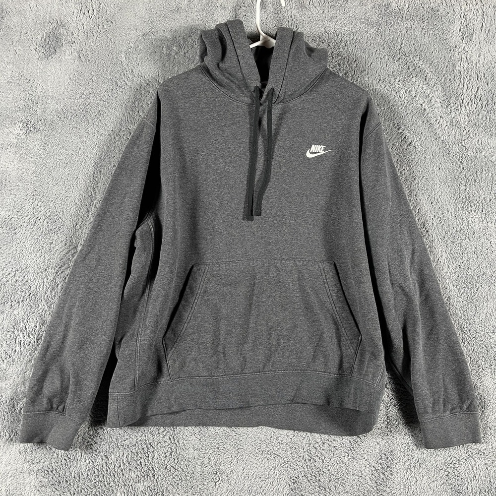 Nike Hoodie Mens Large Dark Gray Fleece Lined Swoosh Logo Long Sleeve Pullover